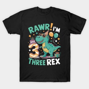 Kids Three Rex Birthday Party Outfit Dinosaur 3 Year Old Boy T-Shirt